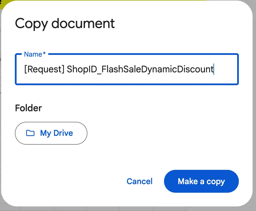 หน้าต่าง Copy document ตั้งชื่อไฟล์เป็น [Request] ShopID_FlashSaleDynamicDiscount